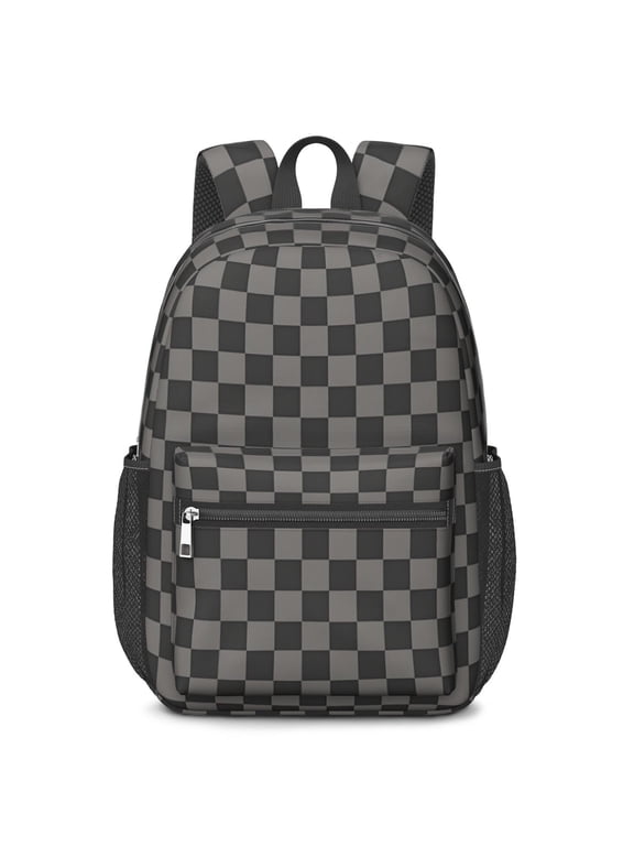 Gray and Black Checkered Pattern 17" School Backpacks for Teens,Waterproof Oxford Fabric,S-Shape Padded Straps for School,Travel,Hiking,Camping
