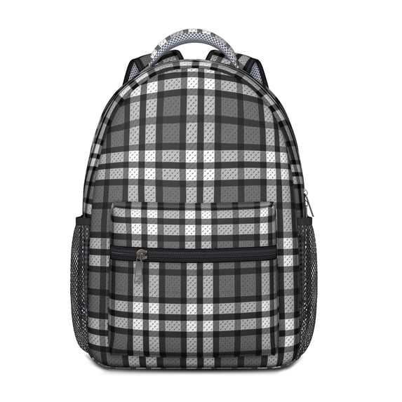 Gray and Black Checkered Pattern Backpack for School, Cute School Bag with Adjustable Shoulder Straps and Padded Back, 15.3"x11"x6.7"