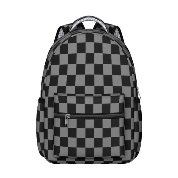 Gray and Black Checkered Pattern Backpack for School, Cute School Bag with Adjustable Shoulder Straps and Padded Back, 15.3"x11"x7.1"