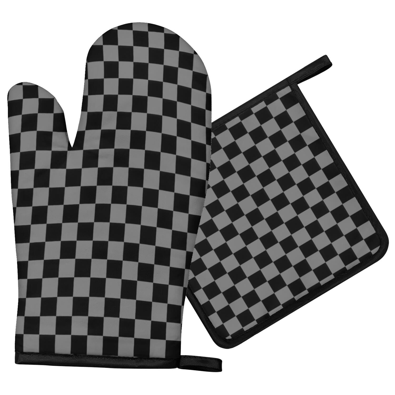 Bbq Banner Examples Gray and Black Checkered Pattern Oven Mitt Pot Holder Set, Polyester ...