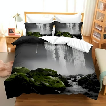 Gray and Black Comforter Set with Grayscale Waterfall Design - Cozy Bedding for Serene Bedrooms