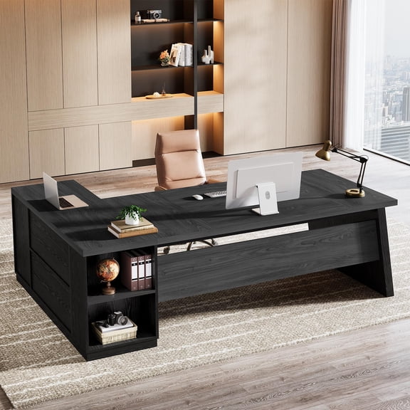 Gray and Black L-Shaped Executive Desk With File Cabinet, Shelves