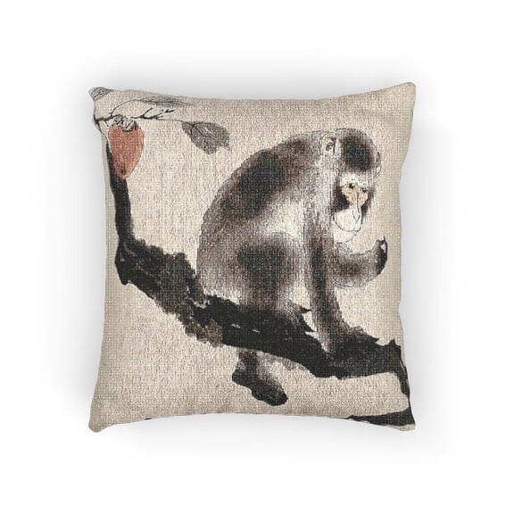 Gray and Black Monkey on Tree Branch with Red Fruit Decorative Woven Pillow
