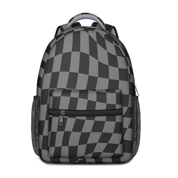 Gray and Black Wavy Checkered Pattern Backpack for School, Cute School Bag with Adjustable Shoulder Straps and Padded Back, 15.3"x11"x6.7"
