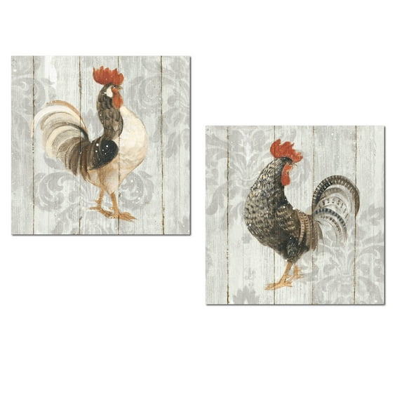 Gray and Brown Country Rustic Rooster Adult Kitchen Decor; 2 - 12" x 12" Unframed Posters