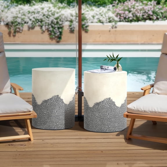 Gray and Cream Cement Round Outdoor Side Table, Set of 2