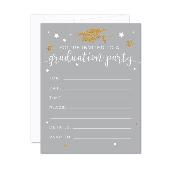 Koyal Wholesale Gray and Gold Glitter Graduation Paper Invitations, Blank Cards with Envelopes, 20-Pack