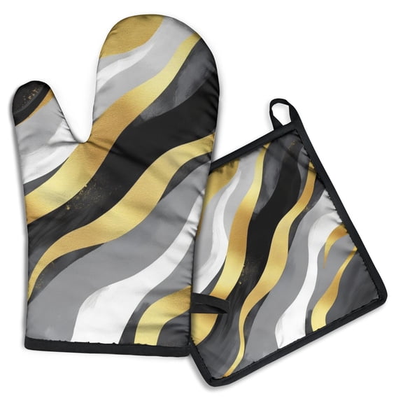 Gray and Gold Marble Ink Waves Pattern Kitchen Oven Mitt and Pot Holder Sets 2 Pcs for Baking, Cooking and Grilling, Heat Resistant Up To 392 °F
