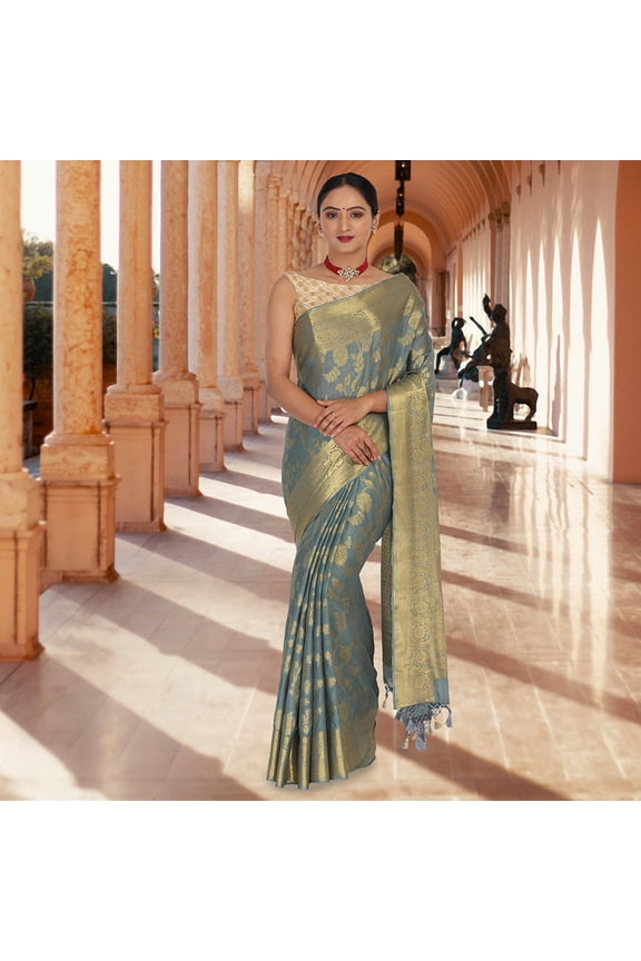 Gray and Gold soft khaddi Georgette banarasi saree Size: M, Color: Gray