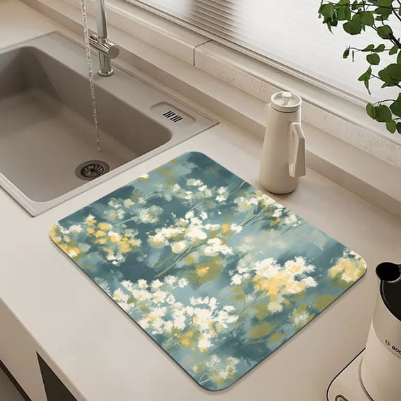 Gray and Green Flowers Dish Drying Mat for Kitchen Counter Absorbent Drainer Mats (15.7X11.8inch)