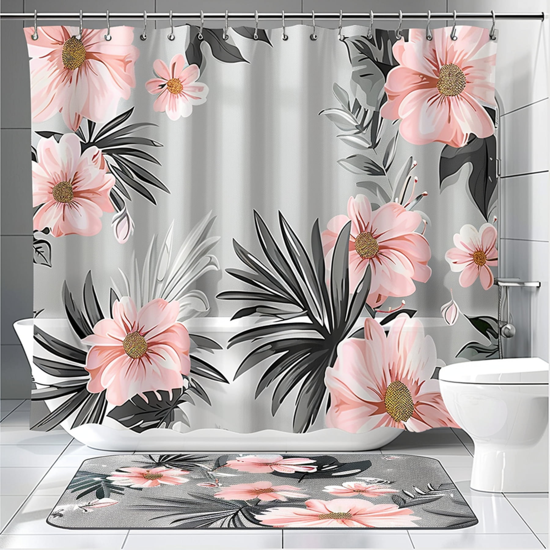 Gray and Pink Bathroom Set with Floral Print Complete your bathroom
