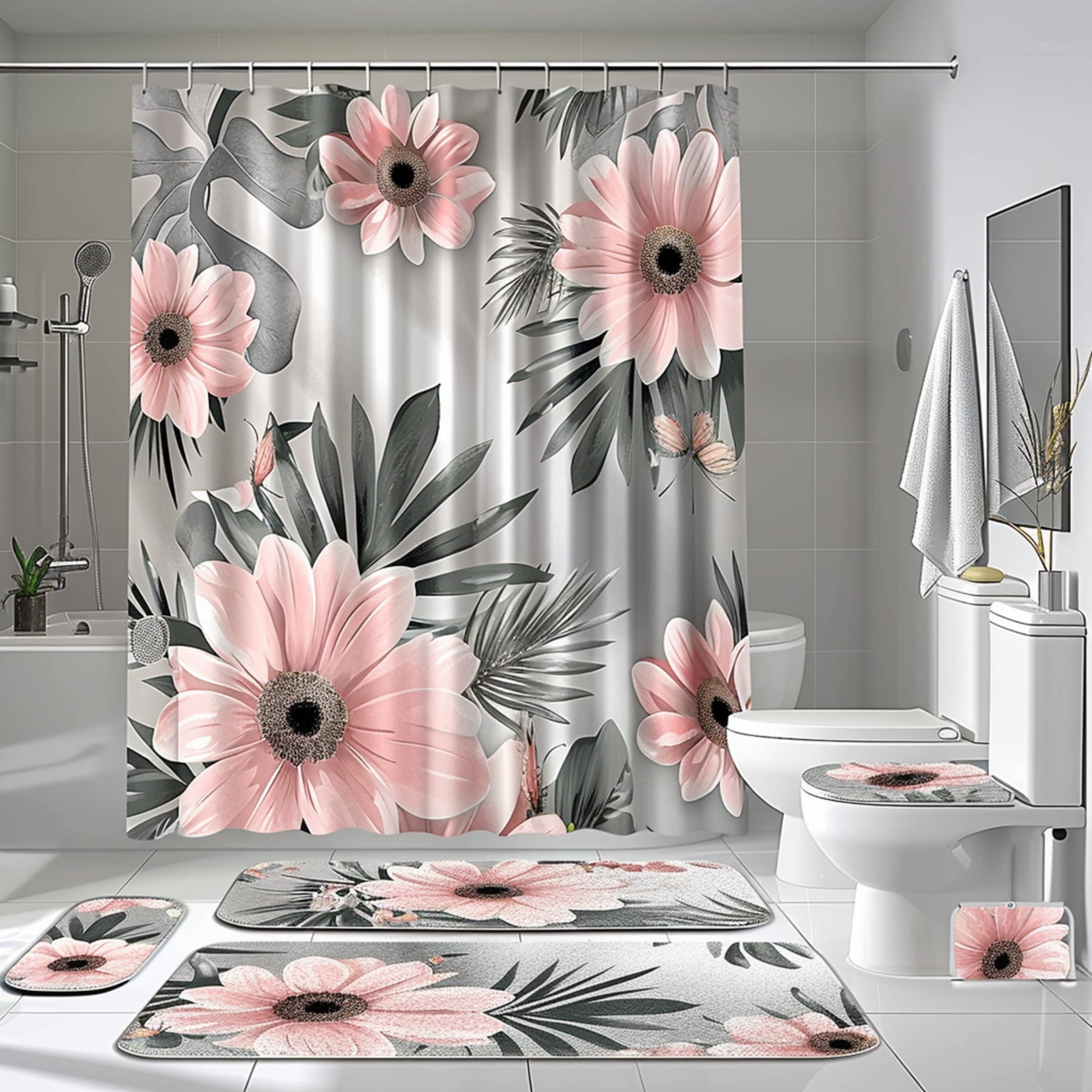 Gray and Pink Bathroom Set with Floral Print Shower Curtain s and More