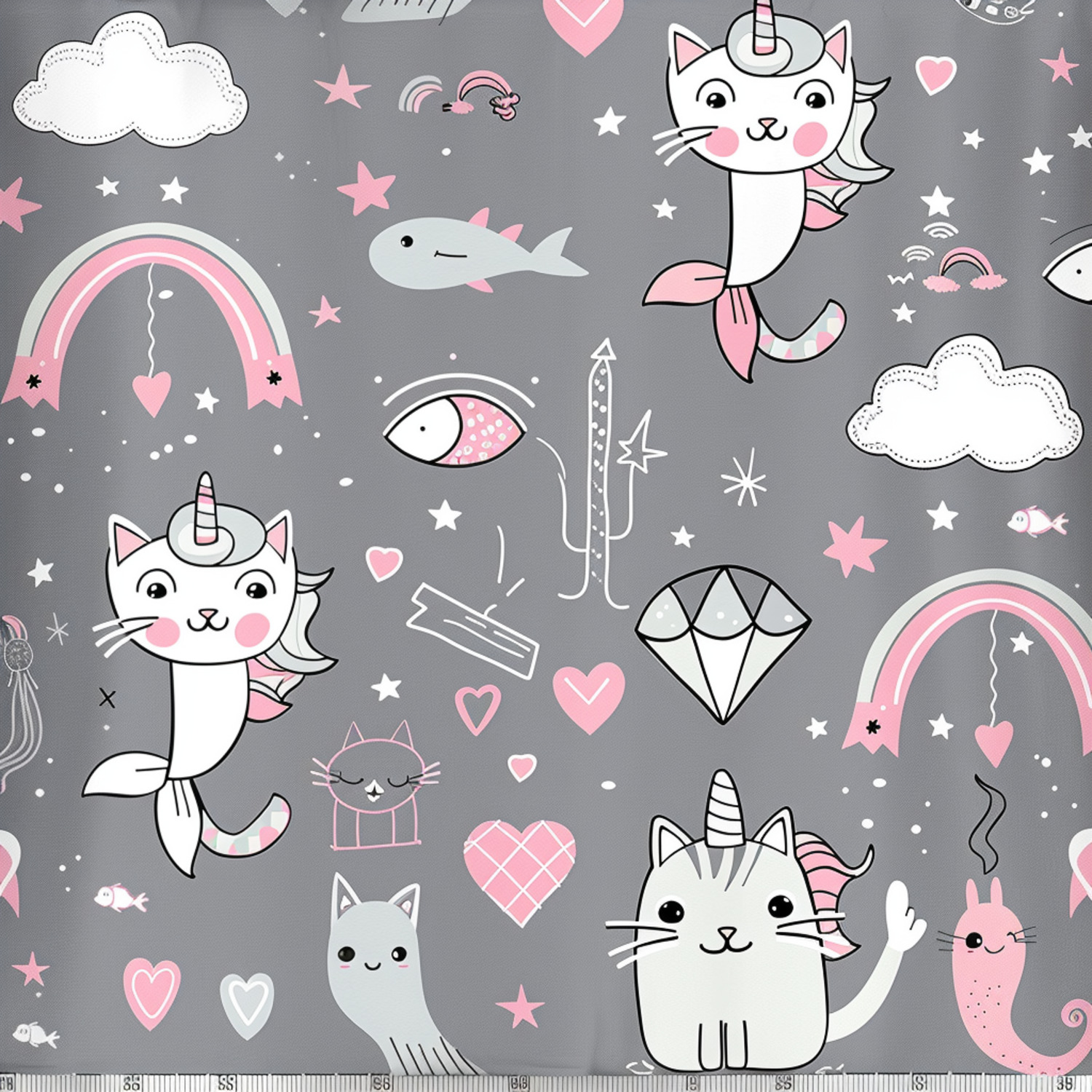 Gray and Pink Cartoon Cat Mermaid Unicorn Shower Curtain with Rainbows