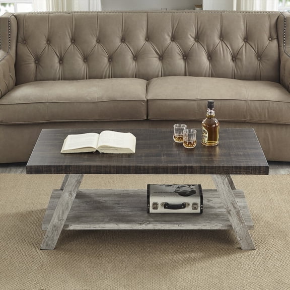 Gray and Weathered Walnut Two-Tone Wood Shelf Coffee Table from Athens
