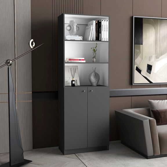 Gray and White 2-Door Bookcase | Concealed Storage and Easy Access Display | Wood Crafted with Matt Finish | Quick Setup