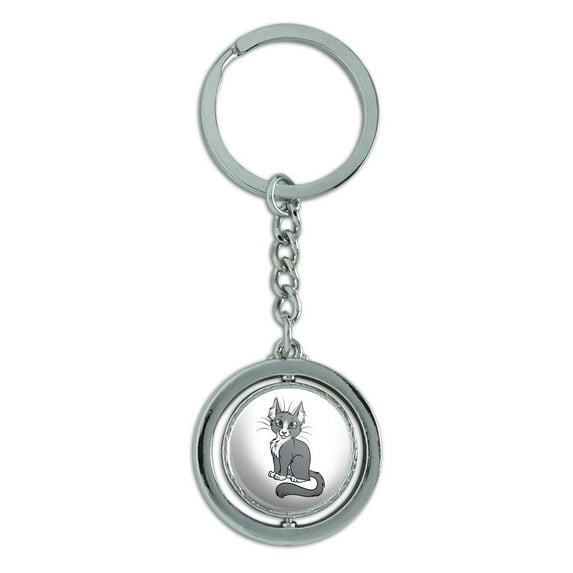Gray and White Cat Pet Spinning Circle Metal Keychain
