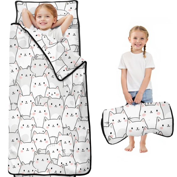 Gray and White Cat White Pattern Teens Toddler Nap Mat with Pillow, Sleeping Mat Bag for Preschool Daycare 59"x22"