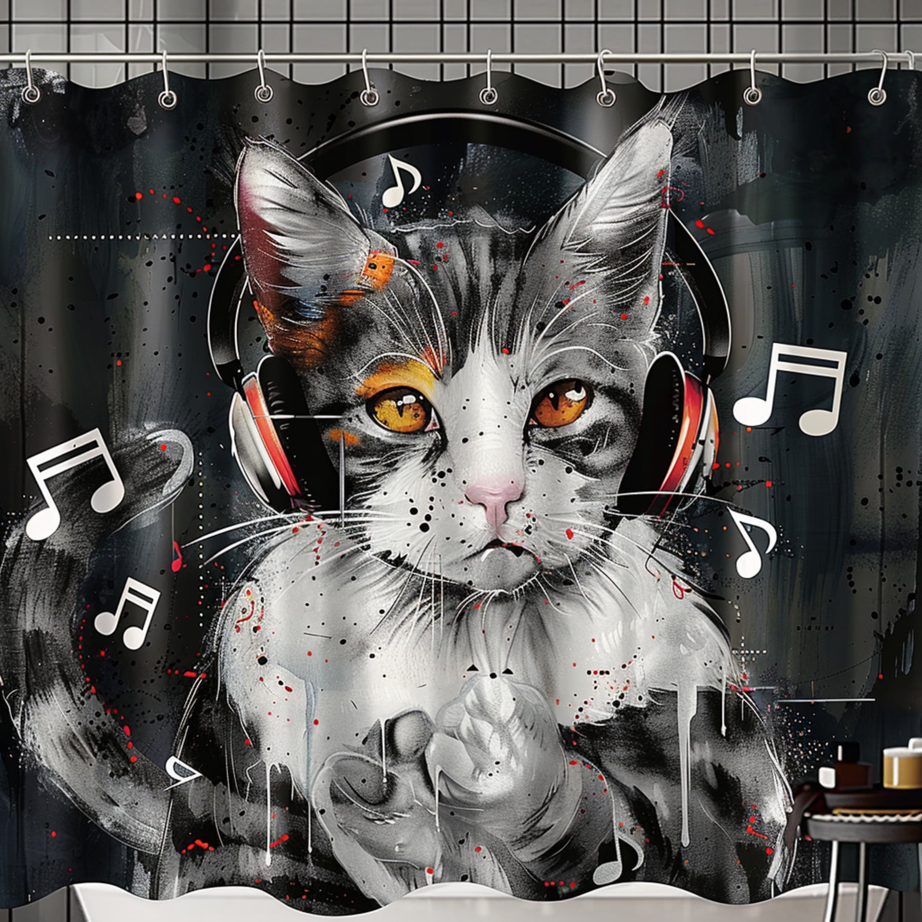 Gray and White Cat with Headphones Watercolor Shower Curtain Industrial