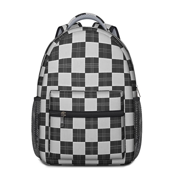 Gray and White Checkered Pattern Backpack for School, Cute School Bag with Adjustable Shoulder Straps and Padded Back, 15.3"x11"x6.7"