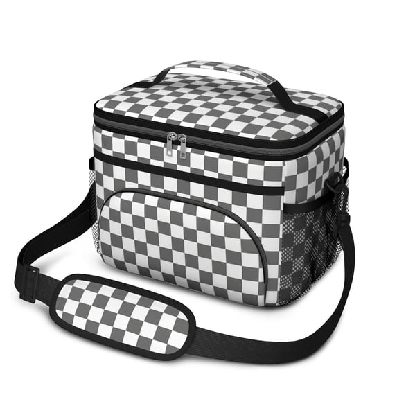 Gray and White Checkered Pattern Insulated Lunch Box for Women Men, Medium Leakproof Cooler Bag with Adjustable Strap, 10"x6.7"x8"