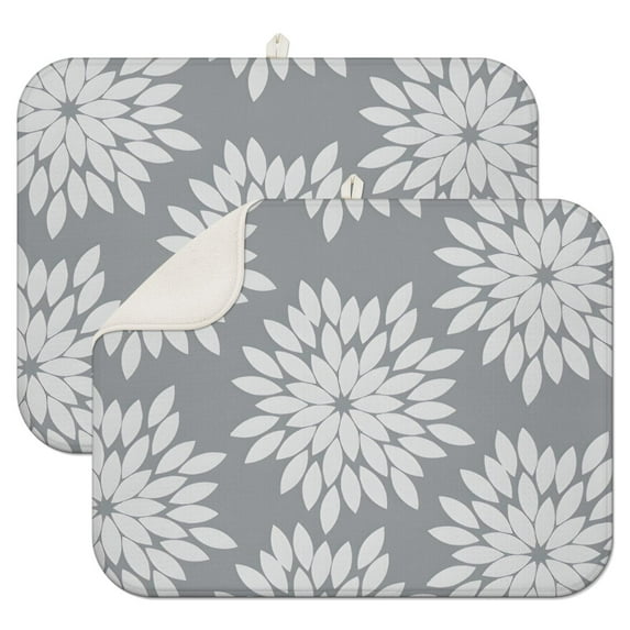 Gray and White Floral Pattern Dish Drying Mat for Kitchen 1 Pack, Ultra Absorbent Microfiber Dishes Drainer Mats,18"x24"