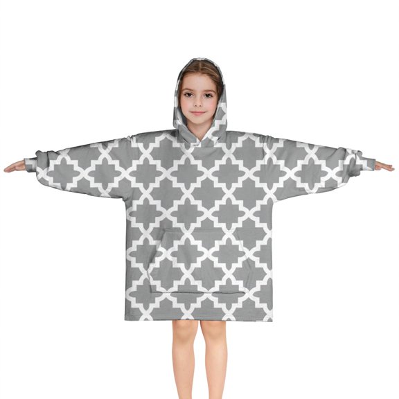 Gray and White Geometric Lattice Pattern Blanket Hoodies for Kids 6-13YR Oversize Wearable Blanket Hoodies for Boys Girls Teens