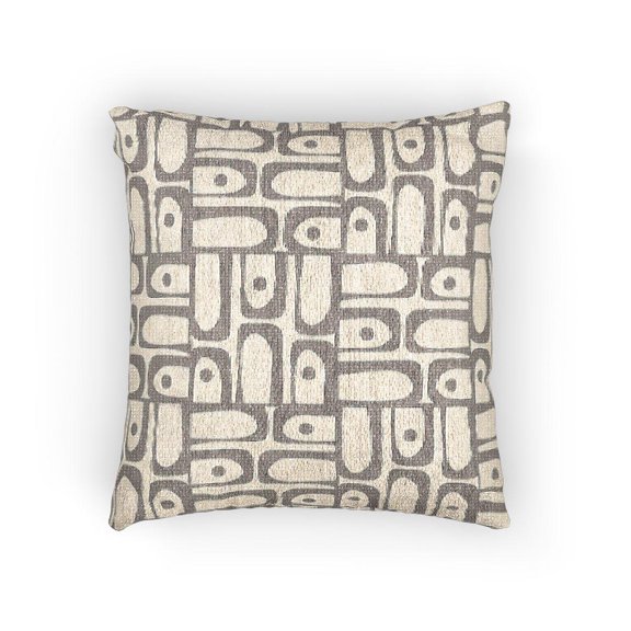 Gray and White Interlocking Rounded Geometric Blocks Decorative Woven Pillow, Cotton-Polyester Shell