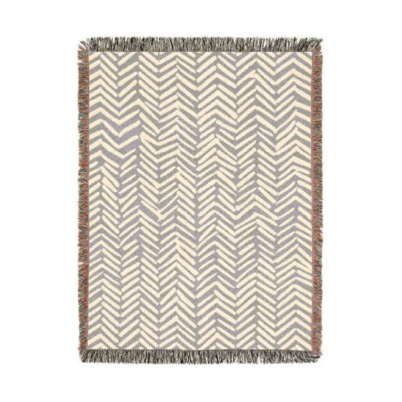 Gray and White Irregular Chevron Woven Throw Blanket, 100% Cotton, Zigzag Stripe Style for Sofa or Bed