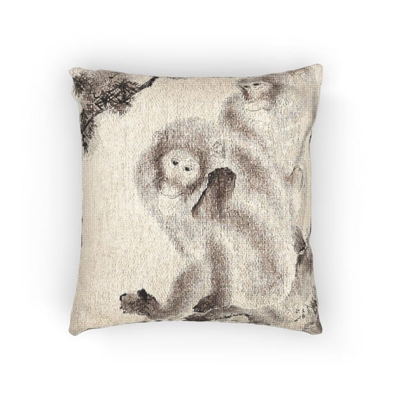 Gray and White Monkey Family Decorative Woven Pillow, Cotton-Polyester Shell, Wildlife Style