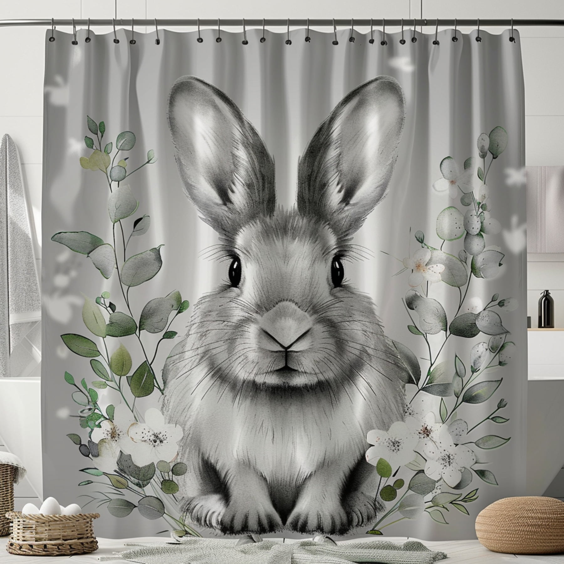 Gray and White Rabbit Shower Curtain with Floral Design Perfect for ...