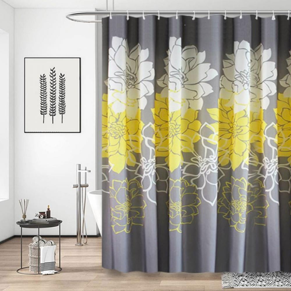 Shower Curtains Yellow and Gray Floral Pattern Bathroom Waterproof Fabric Tub Curtains with Hooks Bathroom Accessories 72 W X 79 L