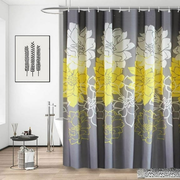 Gray and Yellow Floral Print Shower Curtains for Farmhouse Bathroom with 12 Hooks, 72"W X 79"L