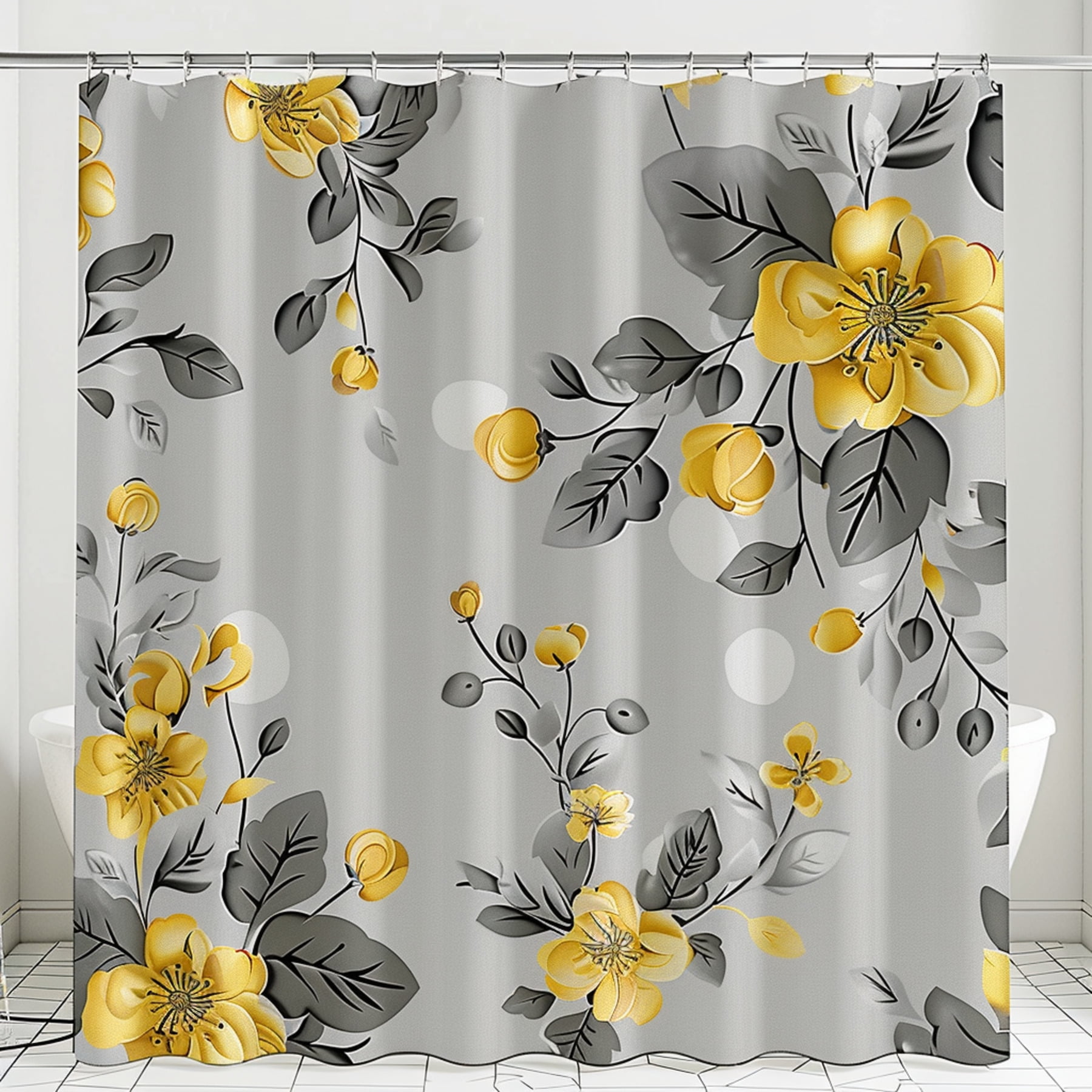 Gray and Yellow Floral Shower Curtain with Large Flowers on Grey Fabric