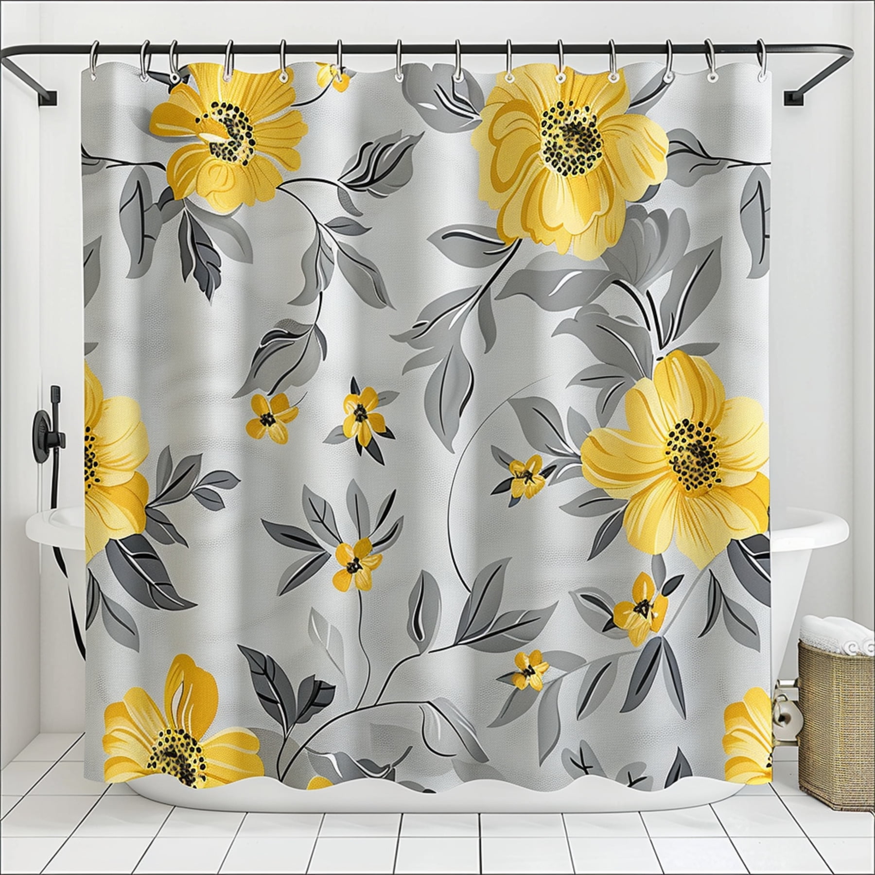 Gray and Yellow Floral Shower Curtain with ed Yellow Flower Print and