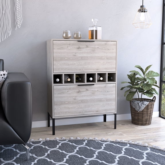 Gray bar cabinet with six wine holders | Double door cabinets for hiding wine bottles | Achieve a tidy and aesthetic wine storage area