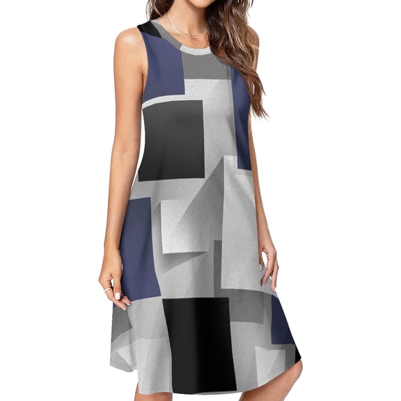 Gray blue geometric abstract pattern Spring Summer Dresses for Women Fashion T-shirt Dress Casual Sleeveless Loose Sundress with Pockets