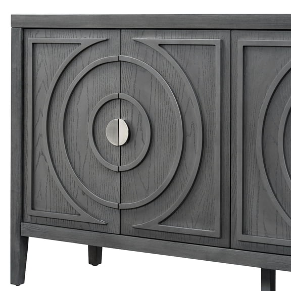 Gray circular groove sideboard with round metal handle for living and entryway rooms adds texture to home