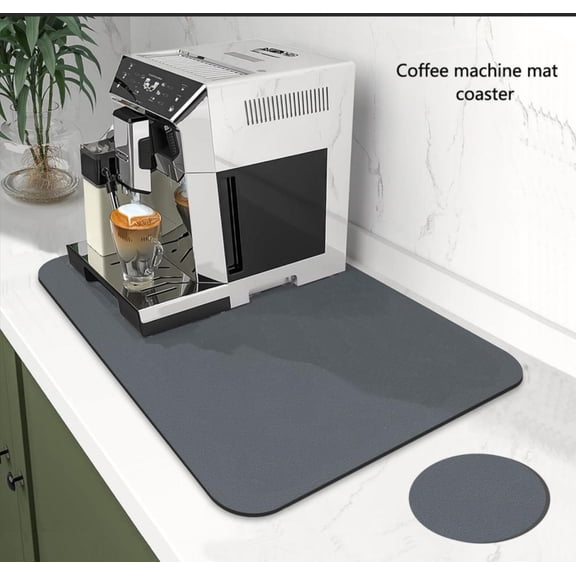 Gray coffee themed drying mat, stylish coffee mat, high-quality polyester, non-slip rubber base, multi-functional kitchen countertop mat, coffee bar accessory, refreshing everyday brewing theme.