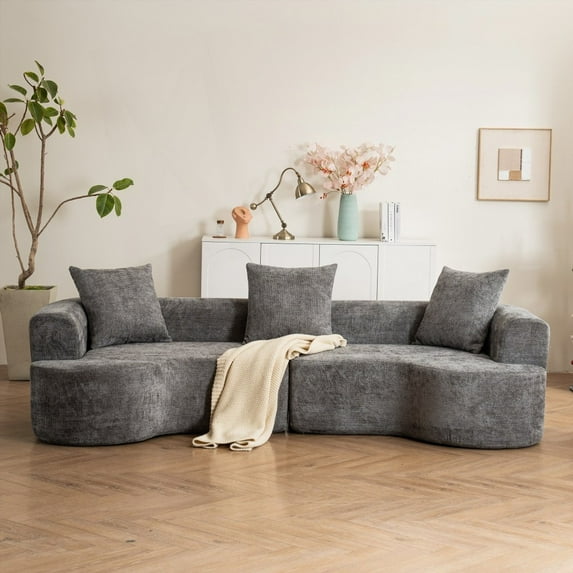 Modern curved sofa with 3 soft cushioned pillows, 220×80×75cm in cream white