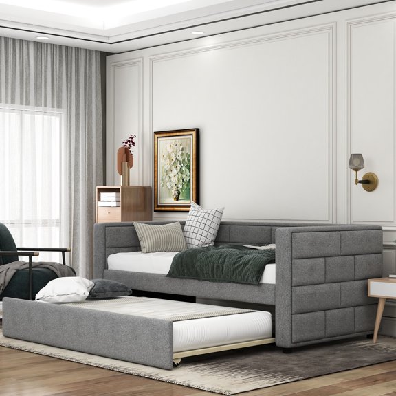 Gray fabric daybed with trundle / Warm in winter, cool in summer and great for sleepovers