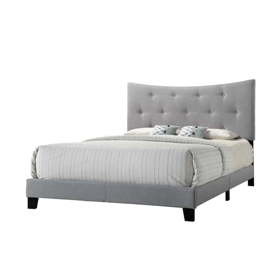 Gray fabric queen bed with arched concave headboard and durable construction for stylish bedroom