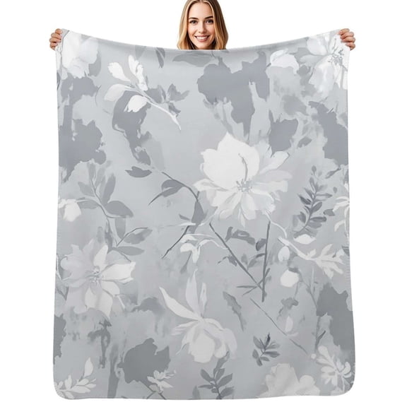 Gray floral watercolor pattern Flannel Blanket Warm Soft Bedding Throws Winter Camping Chair Sofa Bed