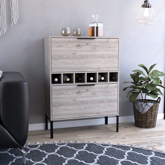 Gray four - legged bar cabinet with six wine racks for guest room bar setup