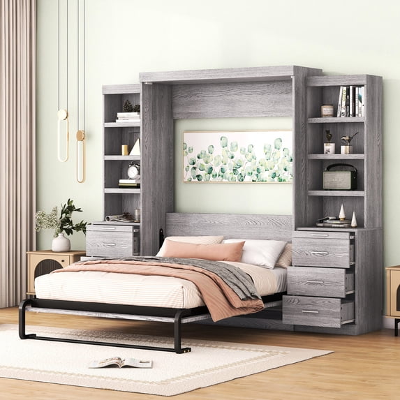 Gray full-size Murphy bed with storage and solid construction / Folding bed that integrates with cabinet seamlessly