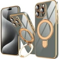 thumbnail image 1 of Gray for iPhone 15 Pro Max Case with Magnetic Ring Holder Kickstand [Compatible with MagSafe] [Built-in Camera Lens Protector] Glitter Gold Electroplated Slim Case for iPhone 15 Pro Max, 1 of 12