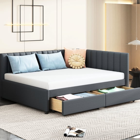 Gray linen sofa bed with 2 drawers classic design no box spring for multi - purpose storage