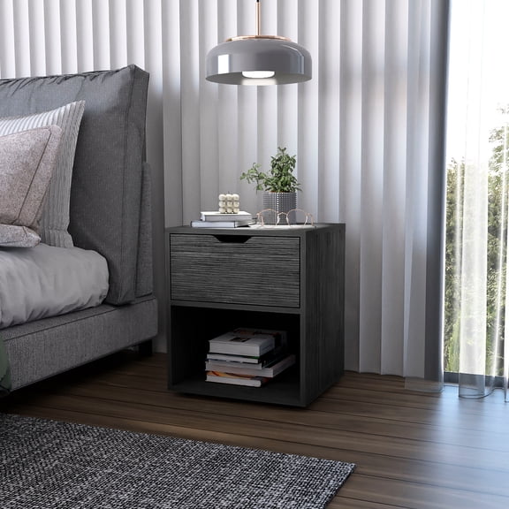 Gray nightstand with open shelf and drawer / For bedroom organization and style / Durable construction