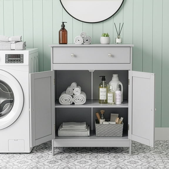 Gray particleboard with melamine veneer, 60*30*80cm, double doors, single drawer, bathroom vanity