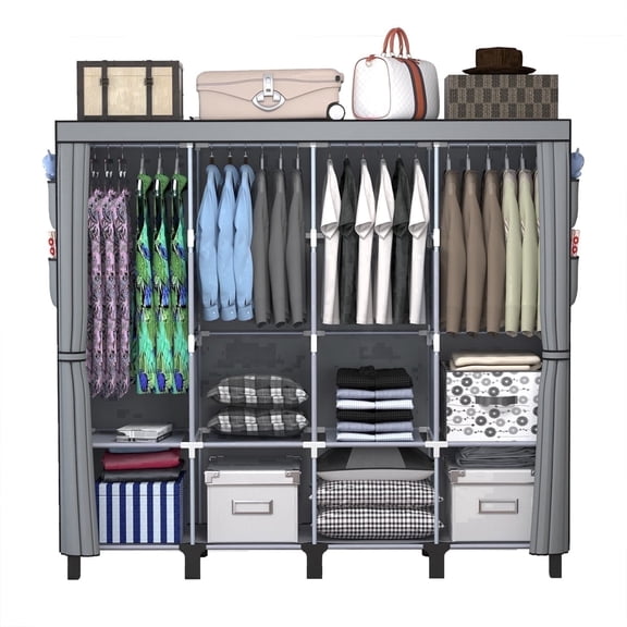 Gray portable multi-zone wardrobe, made of steel tubes and fabric with large capacity equipped with dust-proof non-woven fabric easy to assemble suitable for wardrobes in living rooms bedrooms