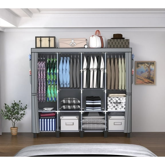 Gray portable multi-zone wardrobe, made of steel tubes and fabric with large capacity equipped with dust-proof non-woven fabric easy to assemble suitable for wardrobes in living rooms bedrooms